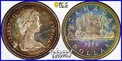 SP65 1972 Canada Voyageur Silver Dollar, PCGS Trueview- Rainbow Toned