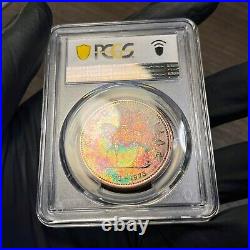 SP65 1973 $1 Canada RCMP Silver Dollar, PCGS Trueview- Rainbow Toned