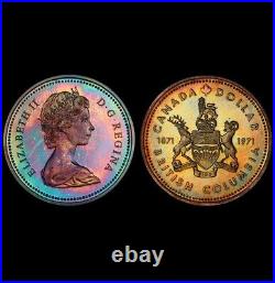 SP66 1971 $1 Canada BC Commem Silver Dollar, PCGS Secure- Pretty Rainbow Toned