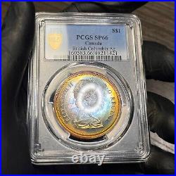 SP66 1971 $1 Canada Silver BC Commem Dollar, PCGS Trueview- Pretty Rainbow Toned