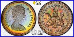 SP66 1971 $1 Canada Silver BC Commem Dollar, PCGS Trueview- Pretty Rainbow Toned