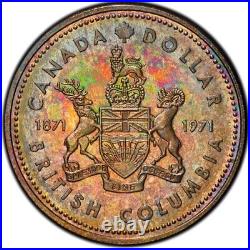 SP66 1971 $1 Canada Silver BC Commem Dollar, PCGS Trueview- Pretty Rainbow Toned