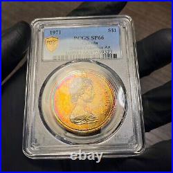 SP66 1971 $1 Canada Silver British Columbia Dollar, PCGS Trueview- Rainbow Toned