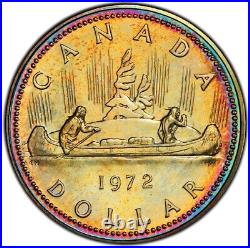 SP66 1972 $1 Canada Voyageur Silver Dollar, PCGS Secure- Pretty Rainbow Toned
