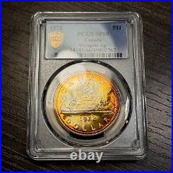 SP66 1972 Canada Voyageur Silver Dollar, PCGS Trueview- Rainbow Toned