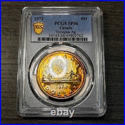 SP66 1972 Canada Voyageur Silver Dollar, PCGS Trueview- Rainbow Toned