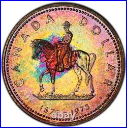 SP66 1973 $1 Canada Silver RCMP Dollar, PCGS Secure- Pretty Rainbow Toned