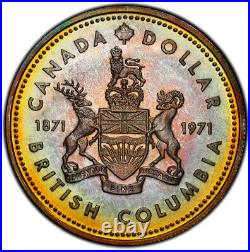 SP67 1971 $1 Canada BC Commem Silver Dollar, PCGS Secure- Pretty Rainbow Toned