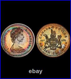 SP67 1971 $1 Canada Silver BC Commem Dollar, PCGS Secure- Vivid Rainbow Toned