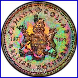 SP67 1971 $1 Canada Silver BC Commem Dollar, PCGS Secure- Vivid Rainbow Toned