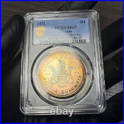 SP67 1971 $1 Canada Silver BC Commem Dollar, PCGS Trueview- Pretty Rainbow Toned