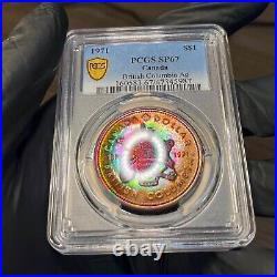 SP67 1971 $1 Canada Silver British Columbia Dollar, PCGS Trueview- Rainbow Toned