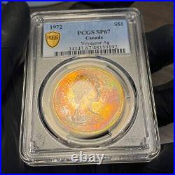 SP67 1972 Canada Voyageur Silver Dollar, PCGS Trueview- Deep Rainbow Toned