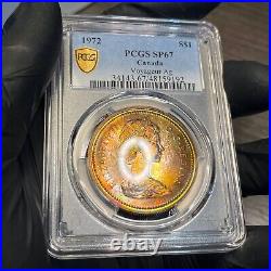 SP67 1972 Canada Voyageur Silver Dollar, PCGS Trueview- Deep Rainbow Toned