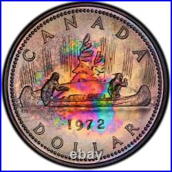 SP67 1972 Canada Voyageur Silver Dollar, PCGS Trueview- Neon Rainbow Toned