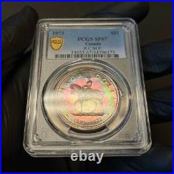 SP67 1973 $1 Canada Silver RCMP Commem Dollar, PCGS Secure- Pretty Rainbow Toned