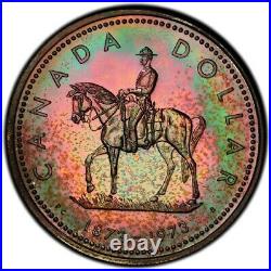 SP67 1973 $1 Canada Silver RCMP Commem Dollar, PCGS Secure- Pretty Rainbow Toned