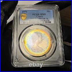 SP68 1971 $1 Canada Silver BC Commem Dollar, PCGS Trueview- Pretty Rainbow Toned