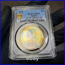 SP68 1971 $1 Canada Silver British Columbia Dollar, PCGS Trueview- Rainbow Toned