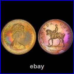 SP68 1973 $1 Canada RCMP Silver Dollar, PCGS Trueview- Pretty Rainbow Toned