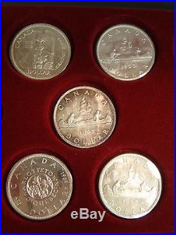 Set of 10 BU Uncirculated Canada Canadian Silver Dollars 1958-1967 in Case