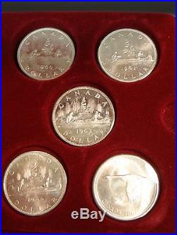Set of 10 BU Uncirculated Canada Canadian Silver Dollars 1958-1967 in Case