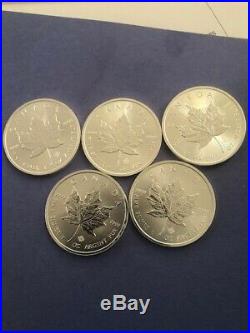 Silver Canada Maple Leaf lot of 5- 2016 1 Oz. 9999 $130.00 Free Shipping
