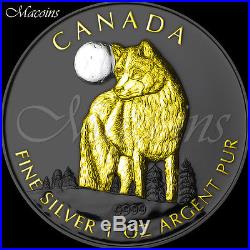 THE WOLF WILDLIFE AT NIGHT 2011 Canada Silver Black Ruthenium & Gold Gilded Coin