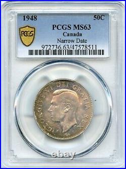 Toned Silver 1948 Canada 50 Cents Half Dollar PCGS MS63 Narrow Date