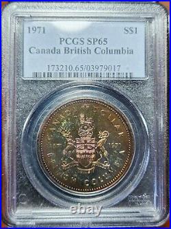 Toned Silver 1971 Canada British Columbia $1 Dollar PCGS SP65