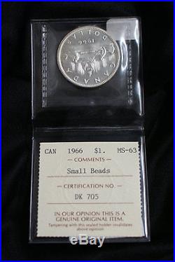 VERY RARE SMALL BEADS 1966 Canada Dollar ICCS MS63