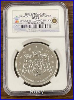 Vancouver Canada 3 coin set, 2010 Olympics Silver $5 NGC MS 69